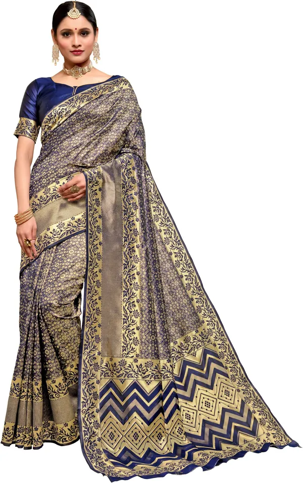 Dark_Blue_Georgette_Woven_Kanjivaram_Jacquard_Saree_For_Women_|_With_Blouse_Piece