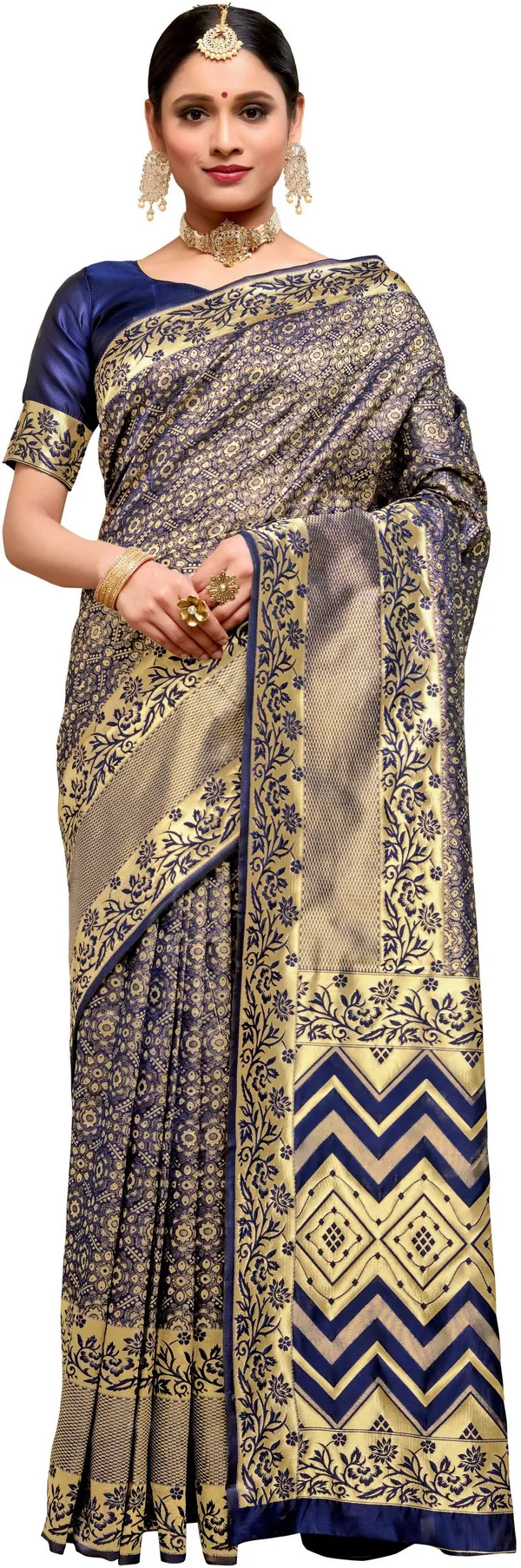 Dark_Blue_Georgette_Woven_Kanjivaram_Jacquard_Saree_For_Women_|_With_Blouse_Piece