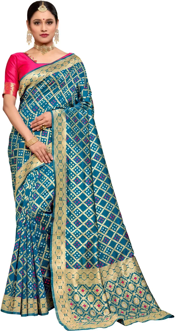Light_Blue_Bandhani_Banarasi_Silk_Blend_Jacquard_Saree_For_Women_|_With_Blouse_Piece