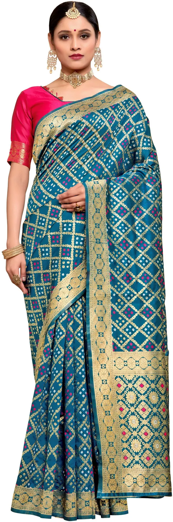 Light_Blue_Bandhani_Banarasi_Silk_Blend_Jacquard_Saree_For_Women_|_With_Blouse_Piece