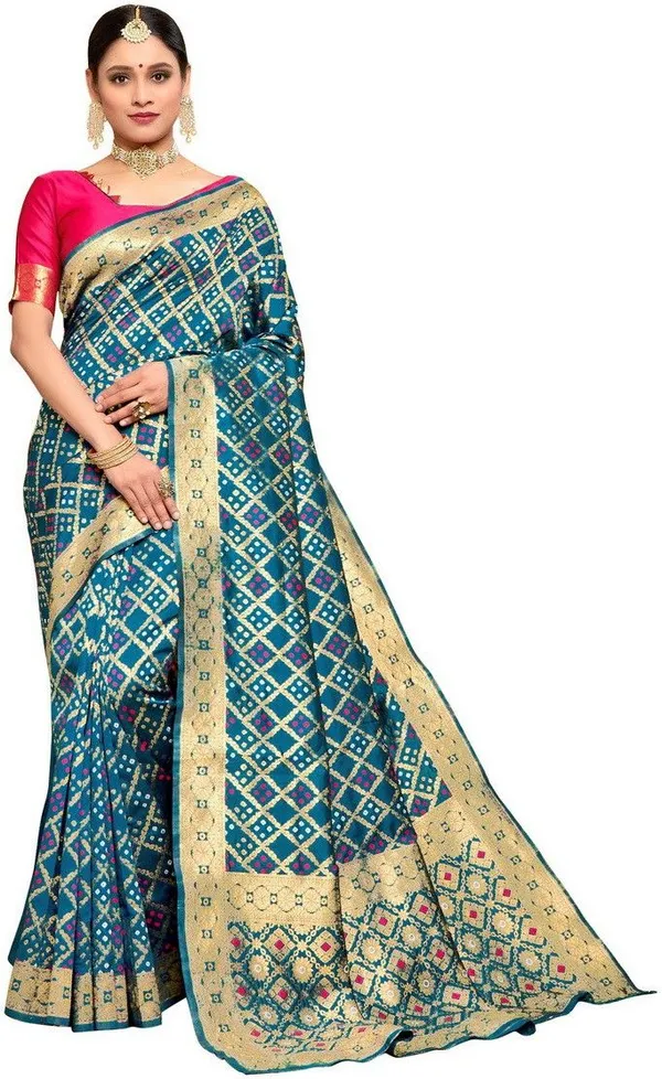 Light_Blue_Bandhani_Banarasi_Silk_Blend_Jacquard_Saree_For_Women_|_With_Blouse_Piece
