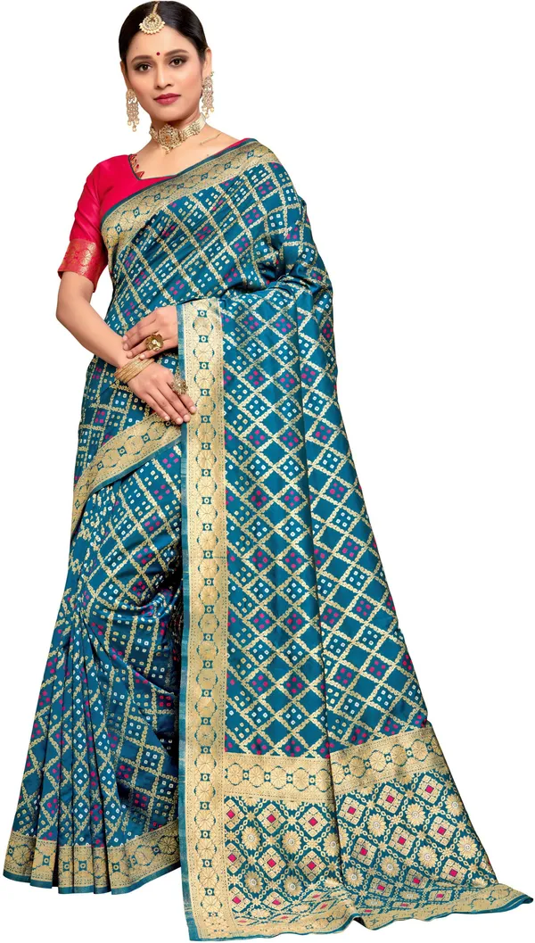 Light_Blue_Bandhani_Banarasi_Silk_Blend_Jacquard_Saree_For_Women_|_With_Blouse_Piece