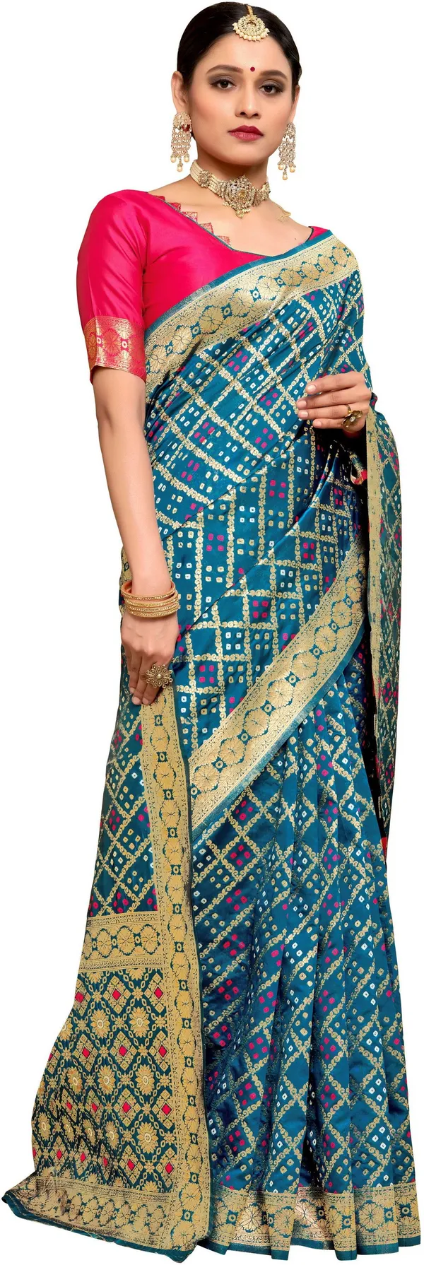 Light_Blue_Bandhani_Banarasi_Silk_Blend_Jacquard_Saree_For_Women_|_With_Blouse_Piece