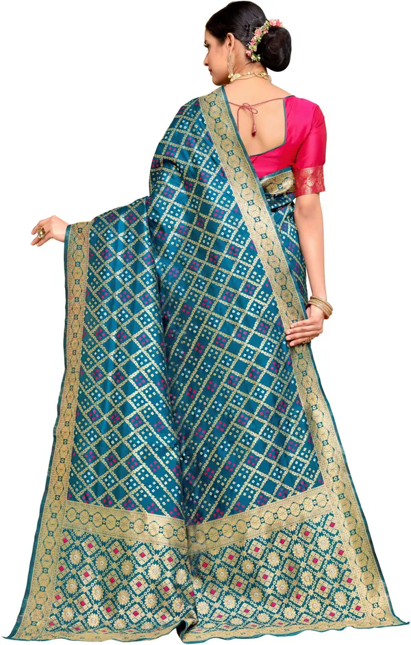 Light_Blue_Bandhani_Banarasi_Silk_Blend_Jacquard_Saree_For_Women_|_With_Blouse_Piece