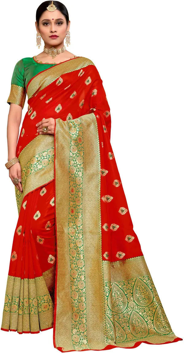 Red_Banarasi_Silk_Blend_Woven_Jacquard_Saree_For_Women_|_With_Blouse_Piece