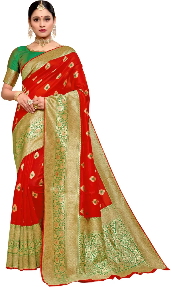 Red_Banarasi_Silk_Blend_Woven_Jacquard_Saree_For_Women_|_With_Blouse_Piece