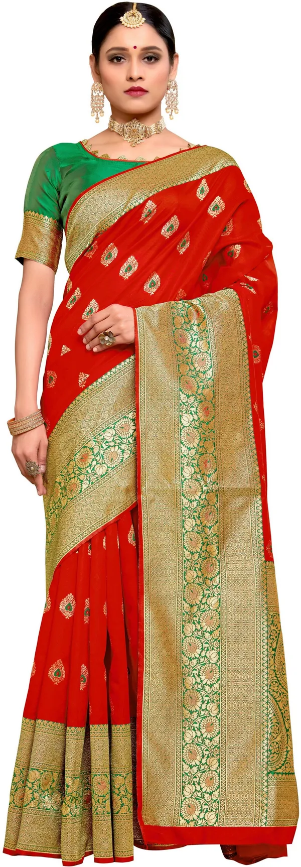 Red_Banarasi_Silk_Blend_Woven_Jacquard_Saree_For_Women_|_With_Blouse_Piece