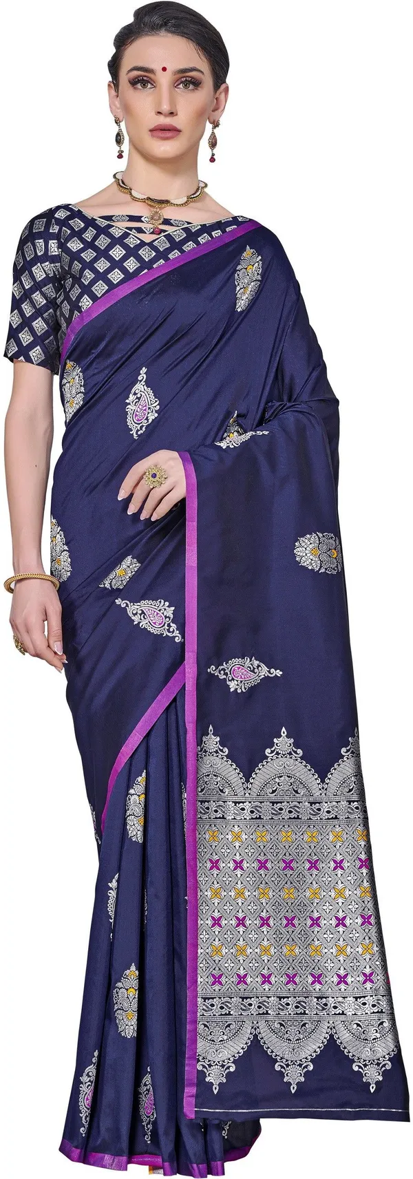 Dark_Blue_Kanjivaram_Silk_Blend_Jacquard_Zari_Woven_Saree_For_Women_|_With_Blouse_Piece