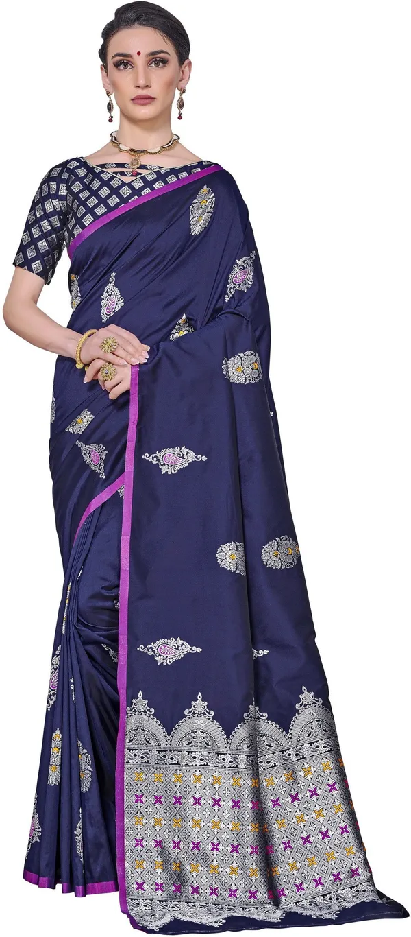 Dark_Blue_Kanjivaram_Silk_Blend_Jacquard_Zari_Woven_Saree_For_Women_|_With_Blouse_Piece