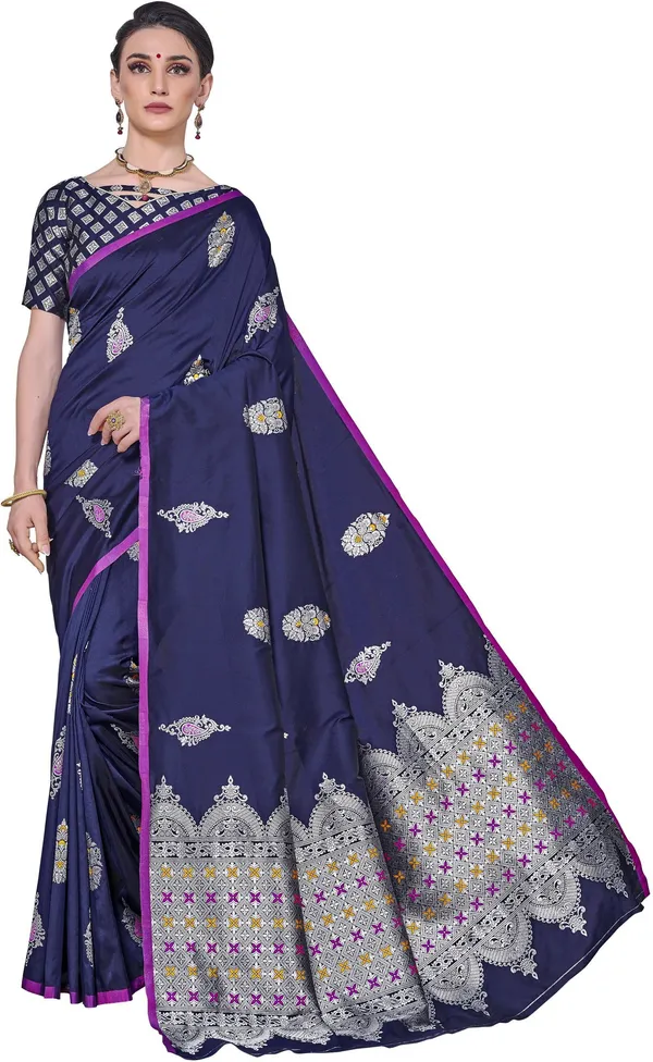 Dark_Blue_Kanjivaram_Silk_Blend_Jacquard_Zari_Woven_Saree_For_Women_|_With_Blouse_Piece