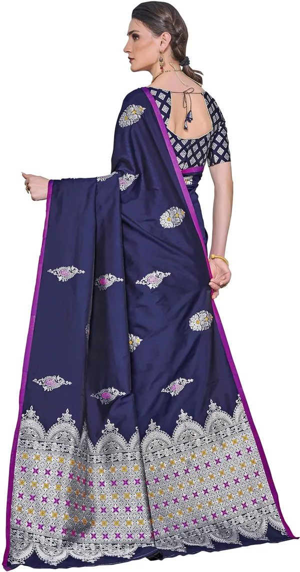 Dark_Blue_Kanjivaram_Silk_Blend_Jacquard_Zari_Woven_Saree_For_Women_|_With_Blouse_Piece