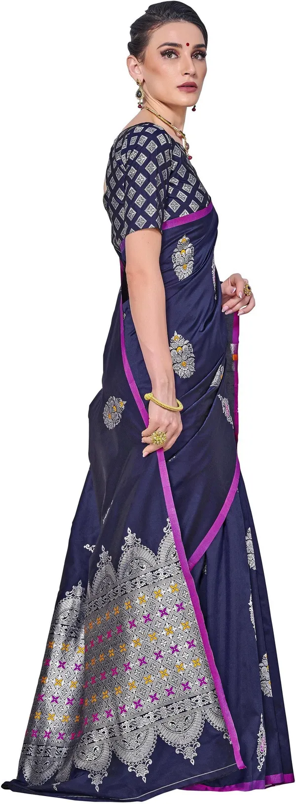 Dark_Blue_Kanjivaram_Silk_Blend_Jacquard_Zari_Woven_Saree_For_Women_|_With_Blouse_Piece
