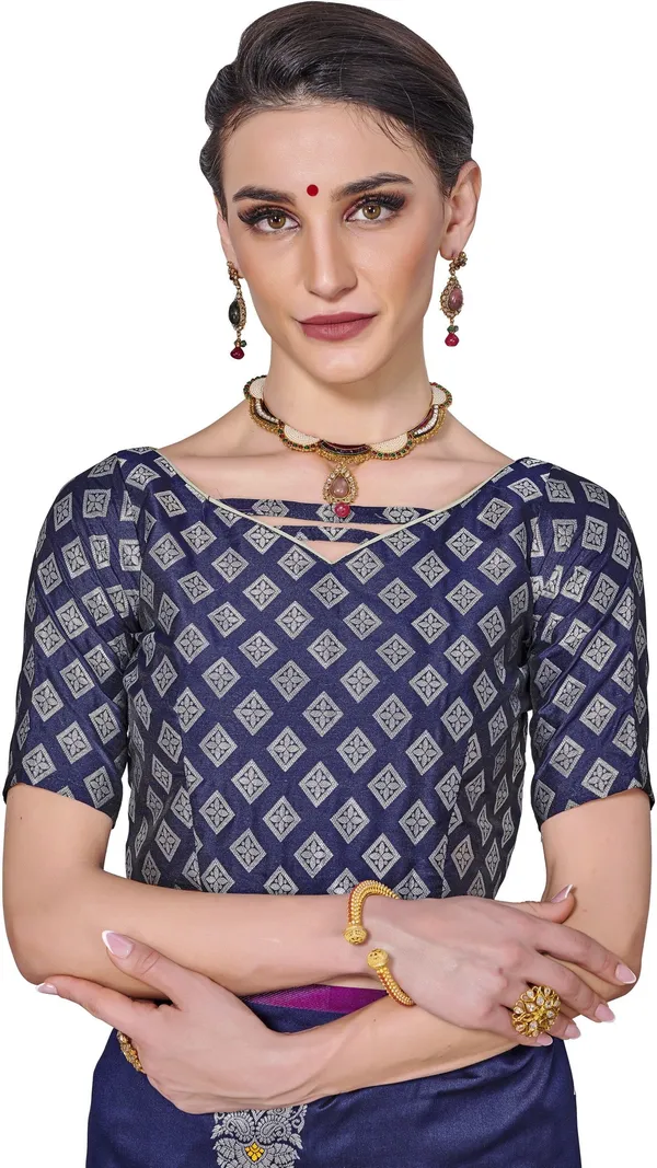 Dark_Blue_Kanjivaram_Silk_Blend_Jacquard_Zari_Woven_Saree_For_Women_|_With_Blouse_Piece