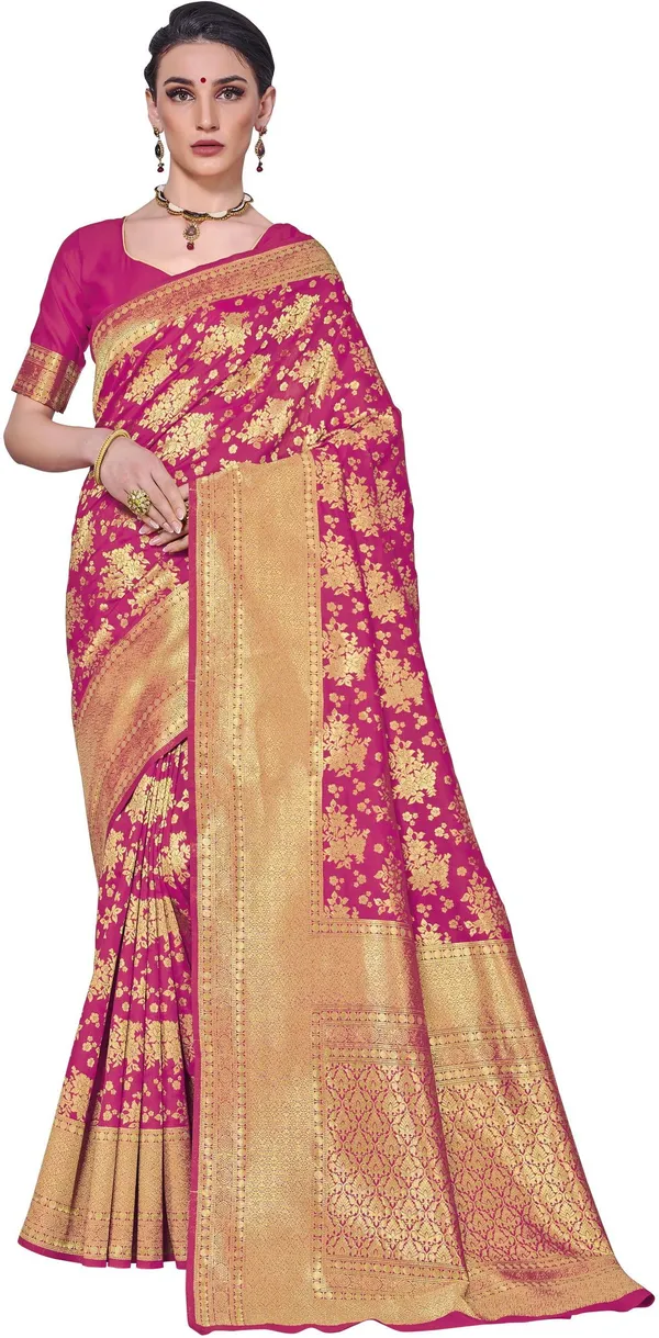 Pink_Kanjivaram_Silk_Blend_Jacquard_Floral_Print_Saree_For_Women_|_With_Blouse_Piece