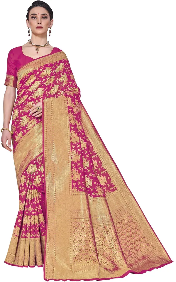 Pink_Kanjivaram_Silk_Blend_Jacquard_Floral_Print_Saree_For_Women_|_With_Blouse_Piece