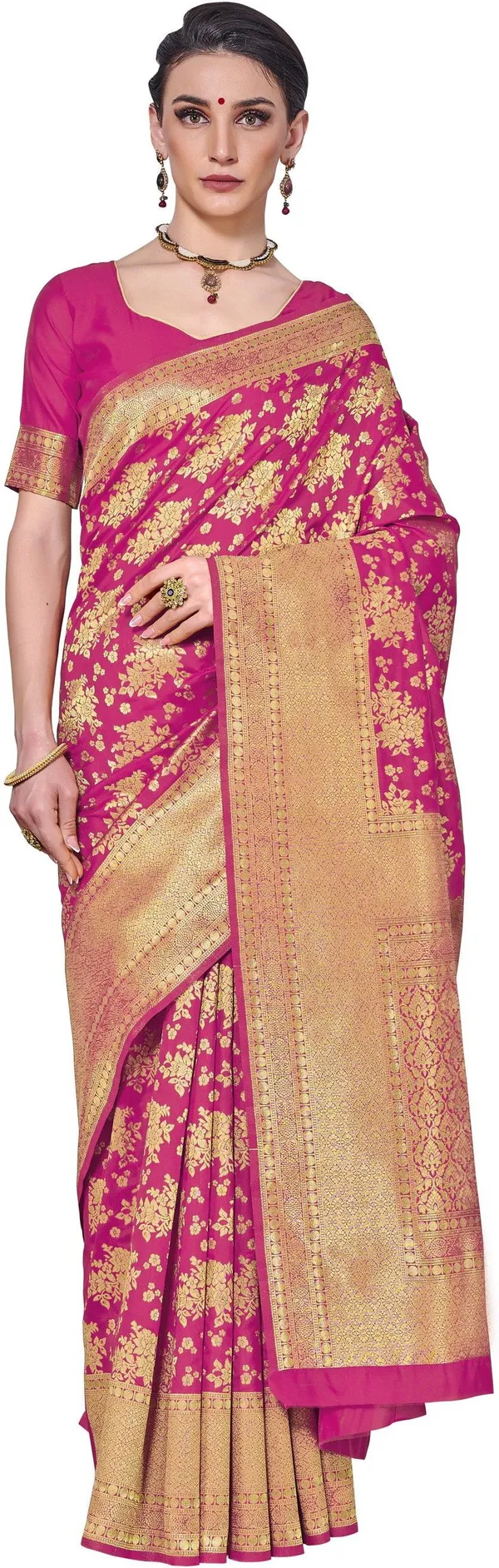 Pink_Kanjivaram_Silk_Blend_Jacquard_Floral_Print_Saree_For_Women_|_With_Blouse_Piece