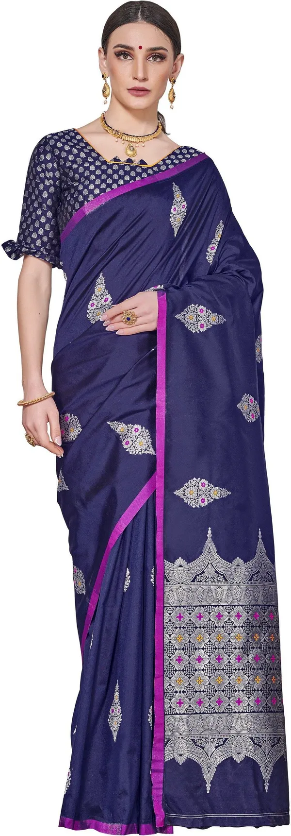 Dark_Blue_Georgette_Kanjivaram_Jacquard_Woven_Saree_For_Women_|_With_Blouse_Piece