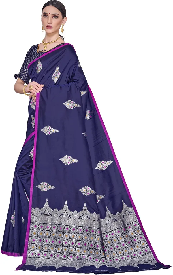 Dark_Blue_Georgette_Kanjivaram_Jacquard_Woven_Saree_For_Women_|_With_Blouse_Piece