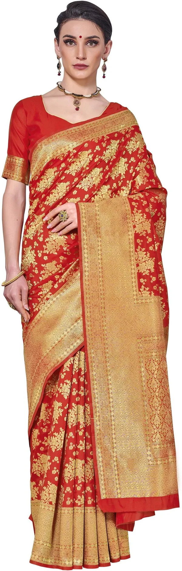 Red_Georgette_Floral_Print_Kanjivaram_Saree_For_Women_|_With_Blouse_Piece