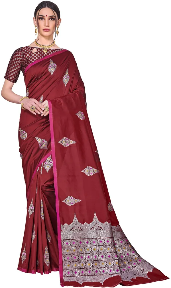 Maroon_Banarasi_Silk_Blend_Jacquard_Woven_Saree_For_Women_|_With_Blouse_Piece
