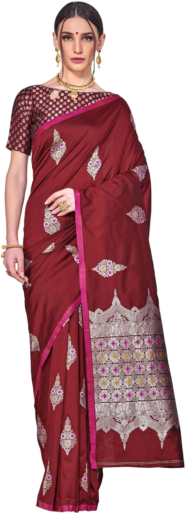 Maroon_Banarasi_Silk_Blend_Jacquard_Woven_Saree_For_Women_|_With_Blouse_Piece