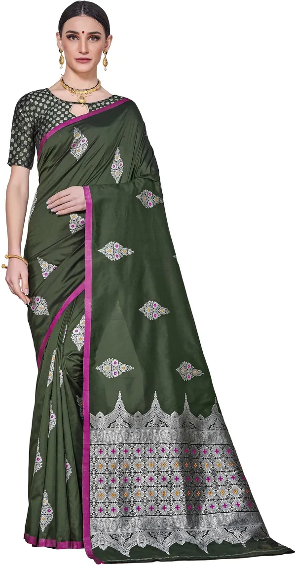 Dark_Green_Georgette_Woven_Jacquard_Saree_For_Women_|_With_Blouse_Piece