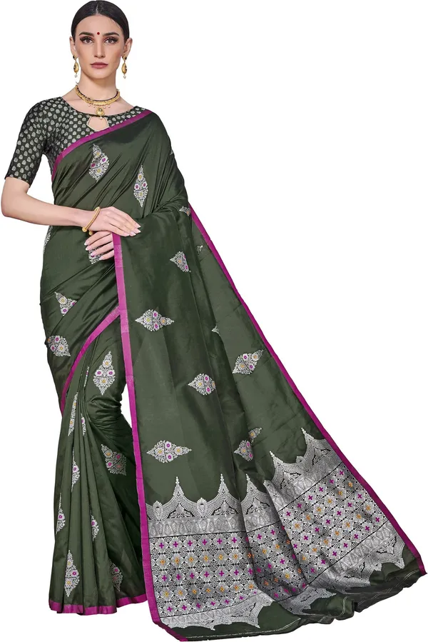 Dark_Green_Georgette_Woven_Jacquard_Saree_For_Women_|_With_Blouse_Piece