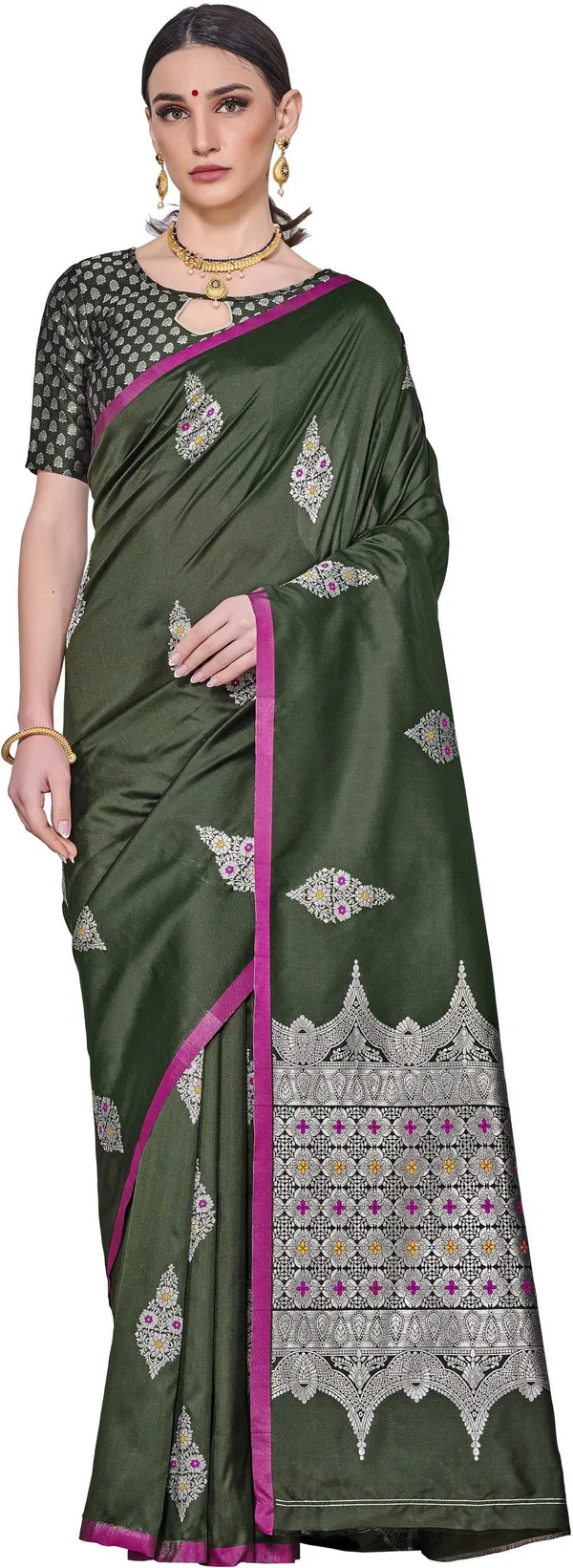 Dark_Green_Georgette_Woven_Jacquard_Saree_For_Women_|_With_Blouse_Piece