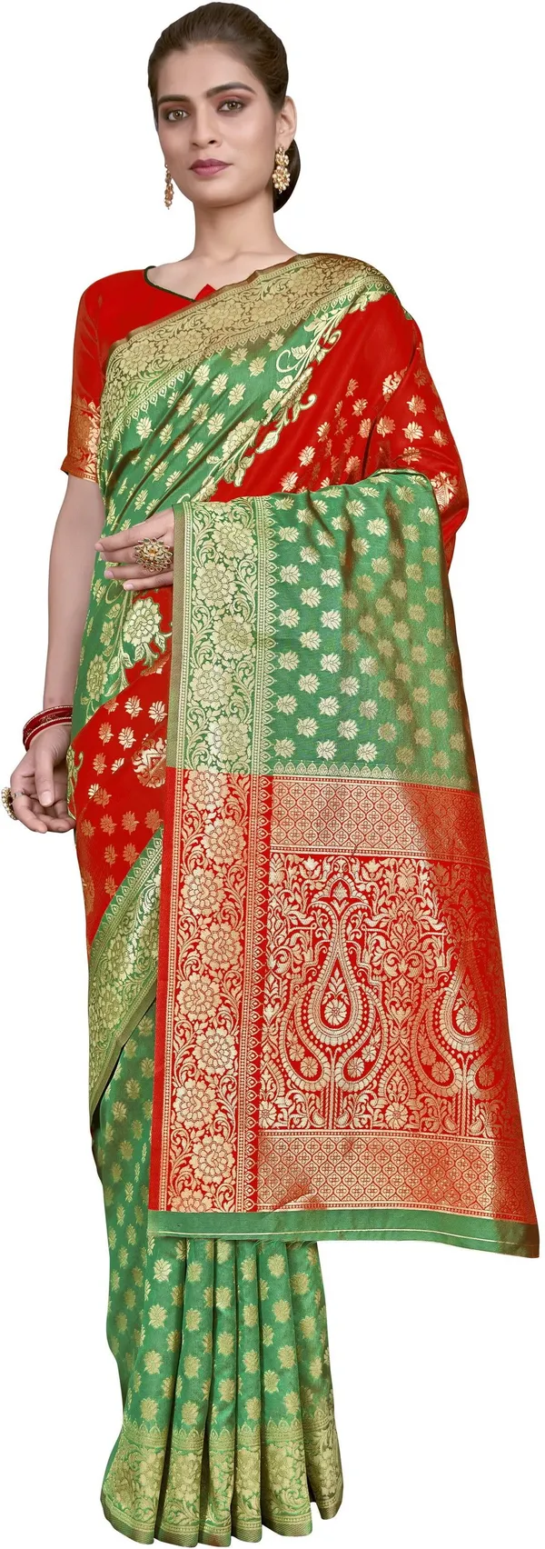 Red_Banarasi_Silk_Blend_Jacquard_Woven_Saree_For_Women_|_With_Blouse_Piece