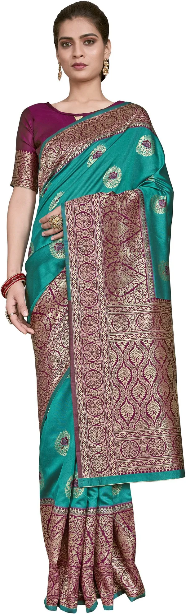 Green_Banarasi_Silk_Blend_Woven_Jacquard_Contrast_Border_Saree_For_Women_|_With_Blouse_Piece