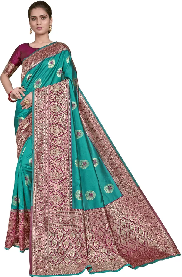 Green_Banarasi_Silk_Blend_Woven_Jacquard_Contrast_Border_Saree_For_Women_|_With_Blouse_Piece