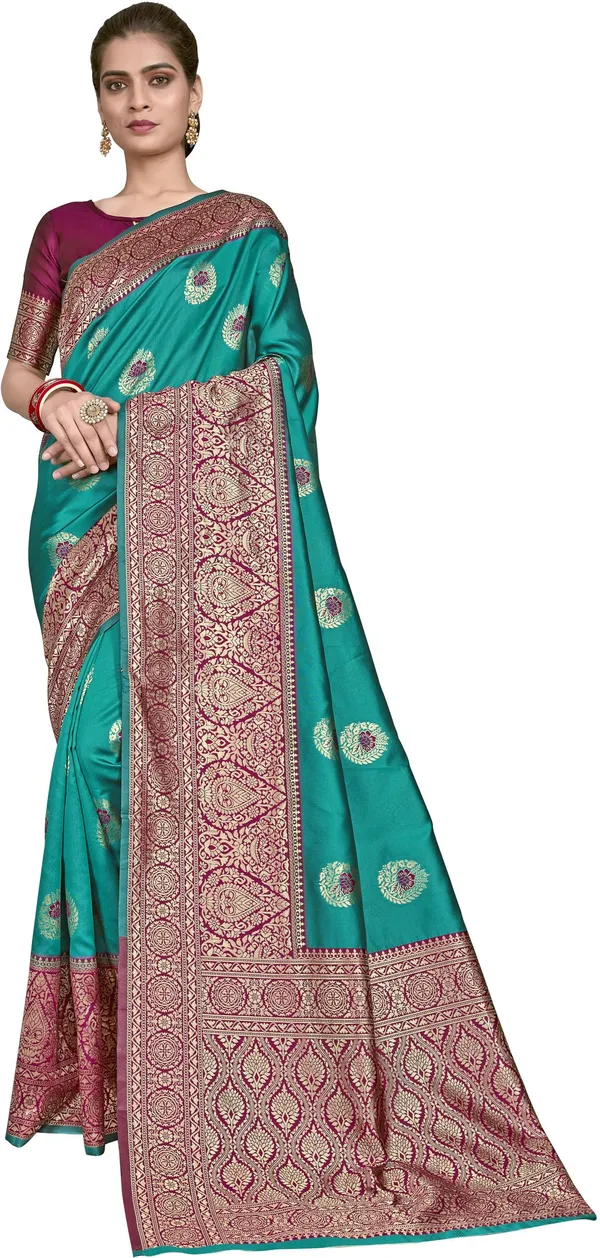Green_Banarasi_Silk_Blend_Woven_Jacquard_Contrast_Border_Saree_For_Women_|_With_Blouse_Piece