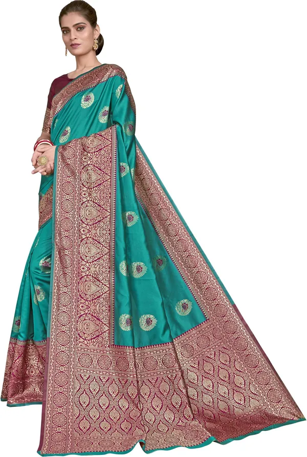 Green_Banarasi_Silk_Blend_Woven_Jacquard_Contrast_Border_Saree_For_Women_|_With_Blouse_Piece