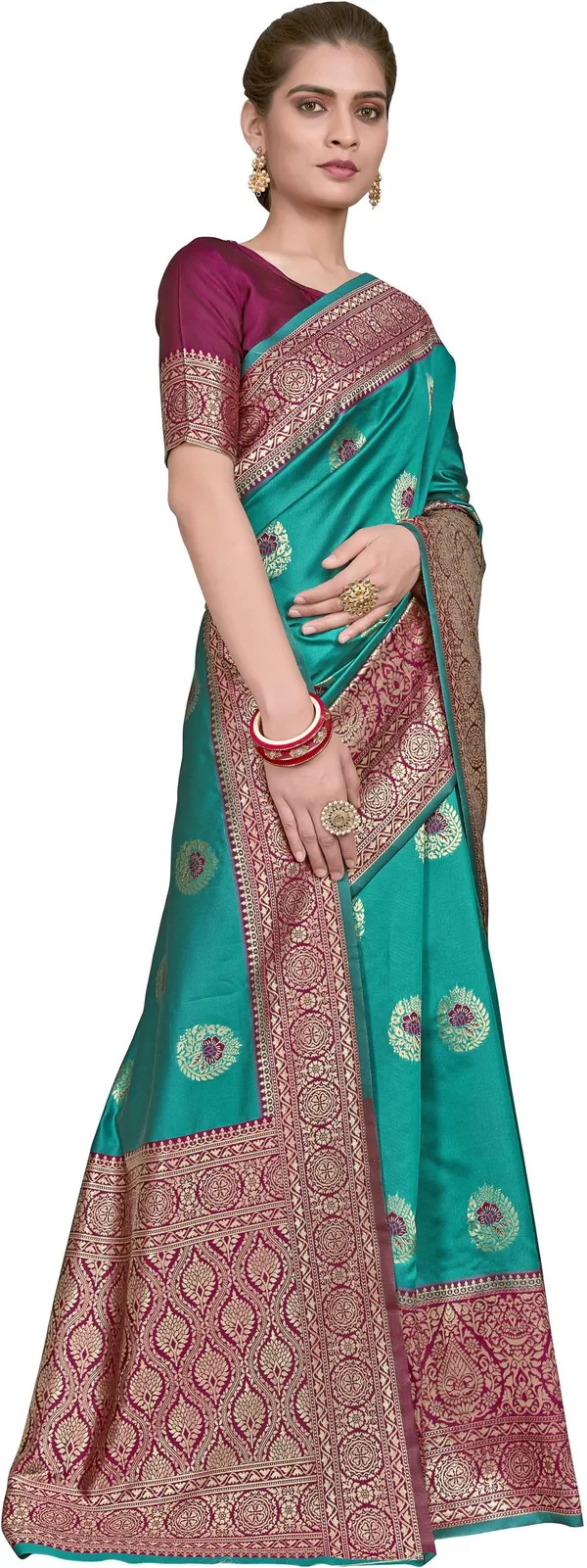 Green_Banarasi_Silk_Blend_Woven_Jacquard_Contrast_Border_Saree_For_Women_|_With_Blouse_Piece