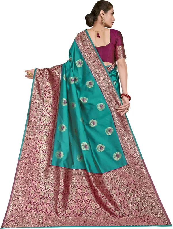 Green_Banarasi_Silk_Blend_Woven_Jacquard_Contrast_Border_Saree_For_Women_|_With_Blouse_Piece