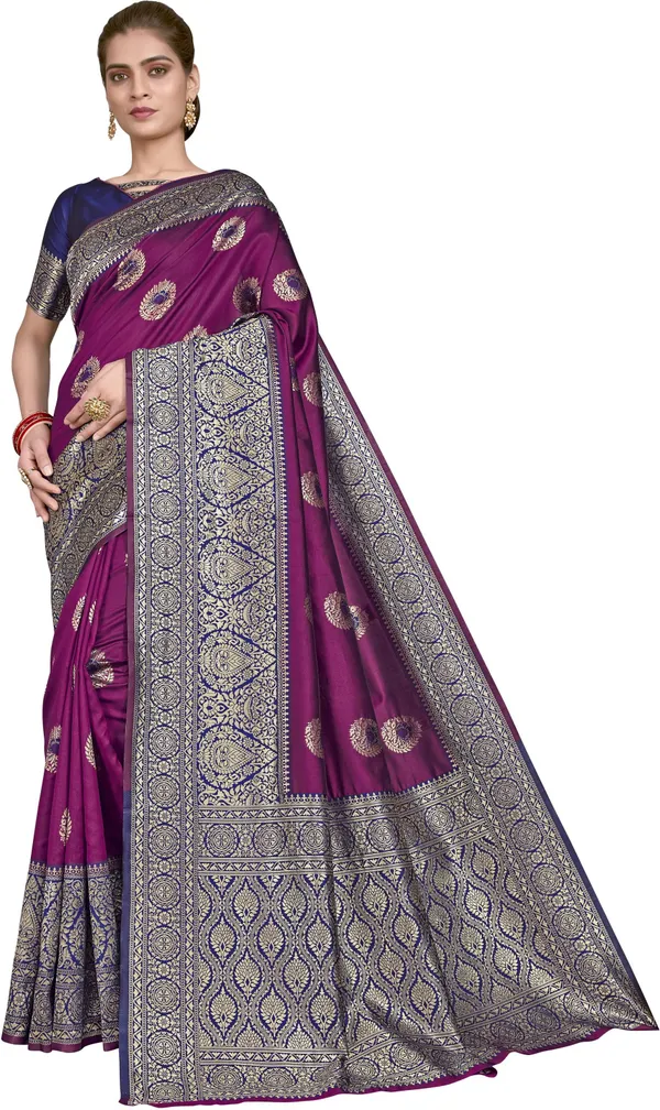 Purple_Blue_Banarasi_Silk_Blend_Woven_Jacquard_Saree_For_Women_|_With_Blouse_Piece