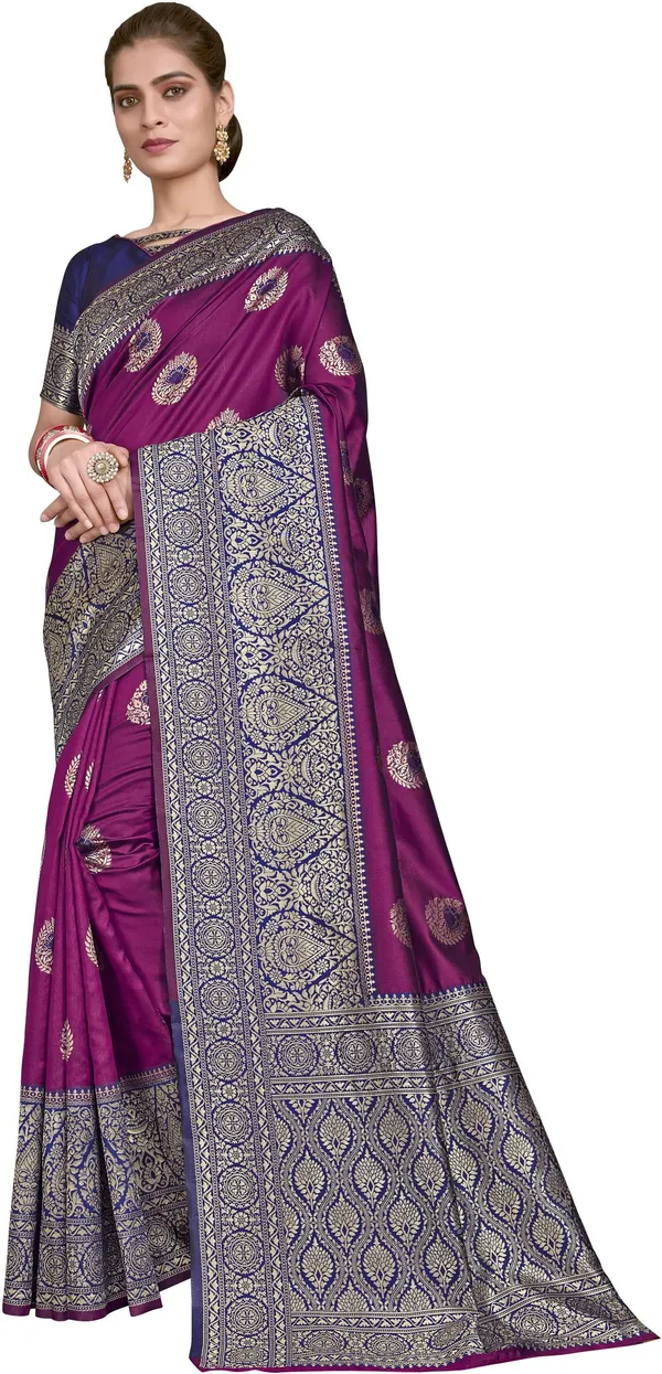 Purple_Blue_Banarasi_Silk_Blend_Woven_Jacquard_Saree_For_Women_|_With_Blouse_Piece