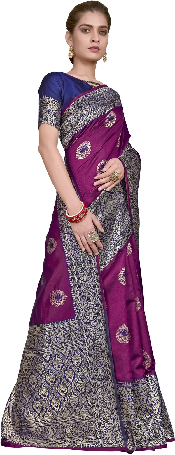 Purple_Blue_Banarasi_Silk_Blend_Woven_Jacquard_Saree_For_Women_|_With_Blouse_Piece
