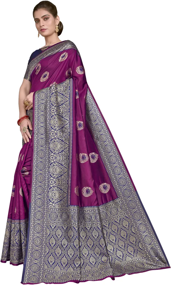 Purple_Blue_Banarasi_Silk_Blend_Woven_Jacquard_Saree_For_Women_|_With_Blouse_Piece