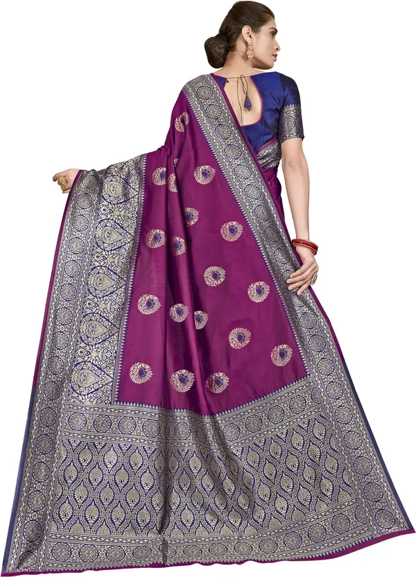 Purple_Blue_Banarasi_Silk_Blend_Woven_Jacquard_Saree_For_Women_|_With_Blouse_Piece