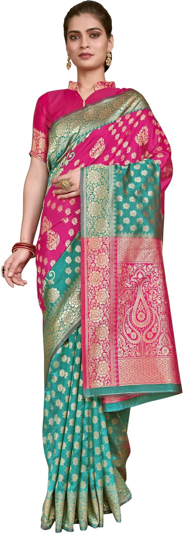 Pink_Banarasi_Silk_Blend_Woven_Jacquard_Contrast_Border_Saree_For_Women_|_With_Blouse_Piece