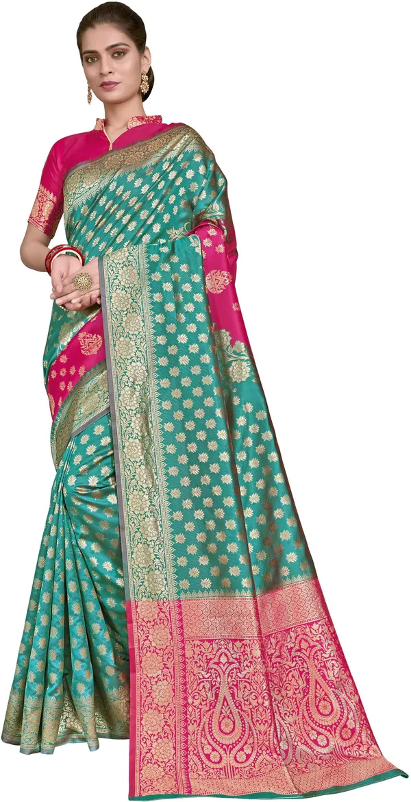 Pink_Banarasi_Silk_Blend_Woven_Jacquard_Contrast_Border_Saree_For_Women_|_With_Blouse_Piece