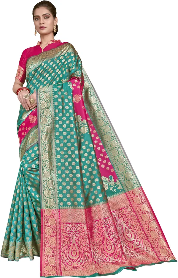 Pink_Banarasi_Silk_Blend_Woven_Jacquard_Contrast_Border_Saree_For_Women_|_With_Blouse_Piece
