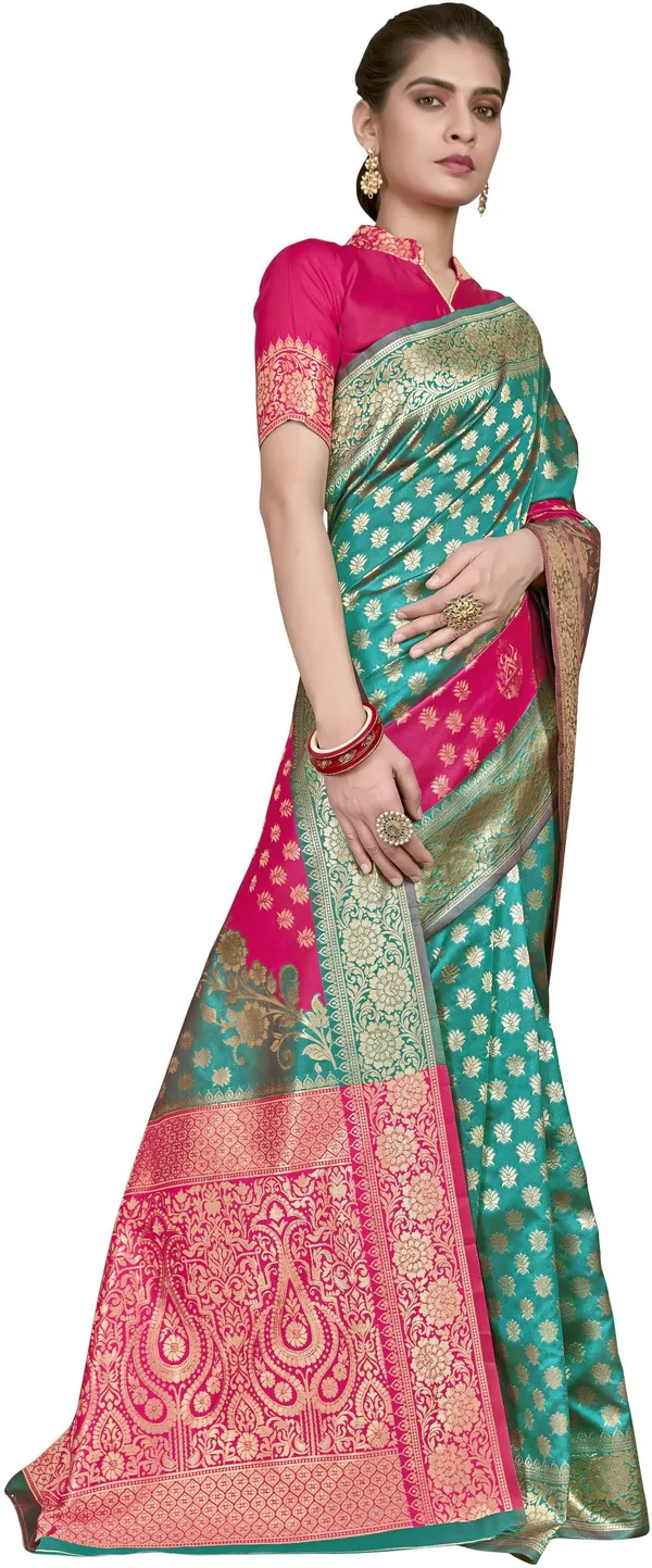 Pink_Banarasi_Silk_Blend_Woven_Jacquard_Contrast_Border_Saree_For_Women_|_With_Blouse_Piece