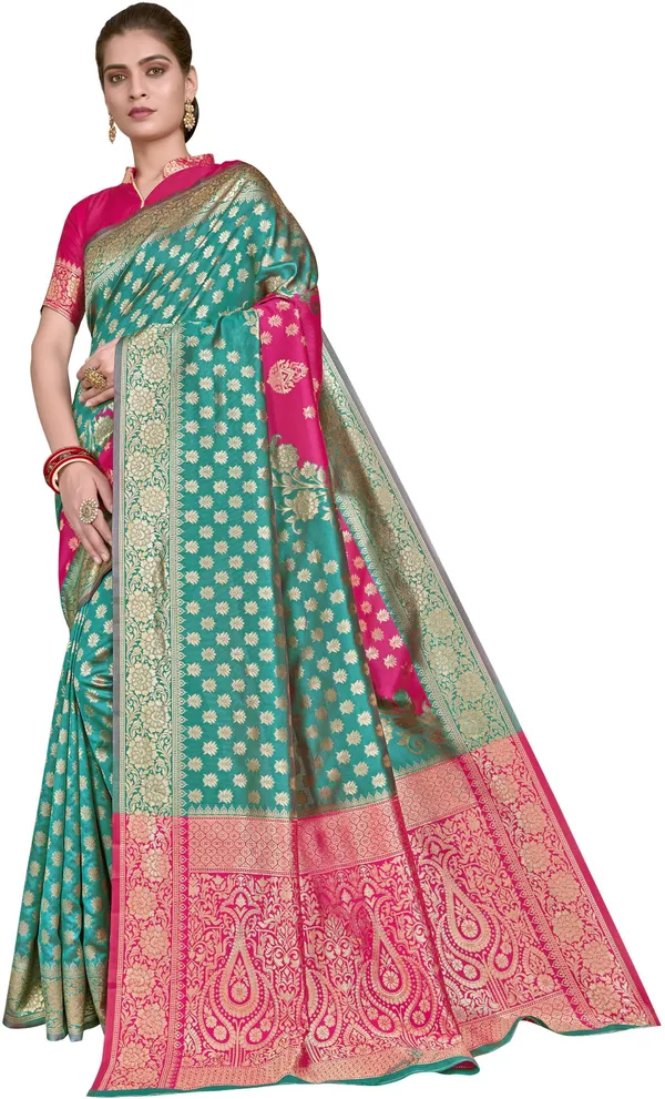Pink_Banarasi_Silk_Blend_Woven_Jacquard_Contrast_Border_Saree_For_Women_|_With_Blouse_Piece