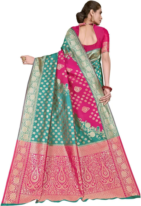 Pink_Banarasi_Silk_Blend_Woven_Jacquard_Contrast_Border_Saree_For_Women_|_With_Blouse_Piece