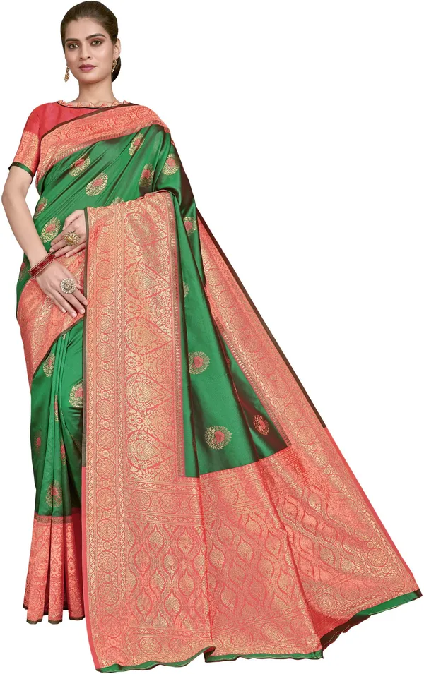 Green_Banarasi_Silk_Blend_Jacquard_Woven_Saree_For_Women_|_With_Blouse_Piece