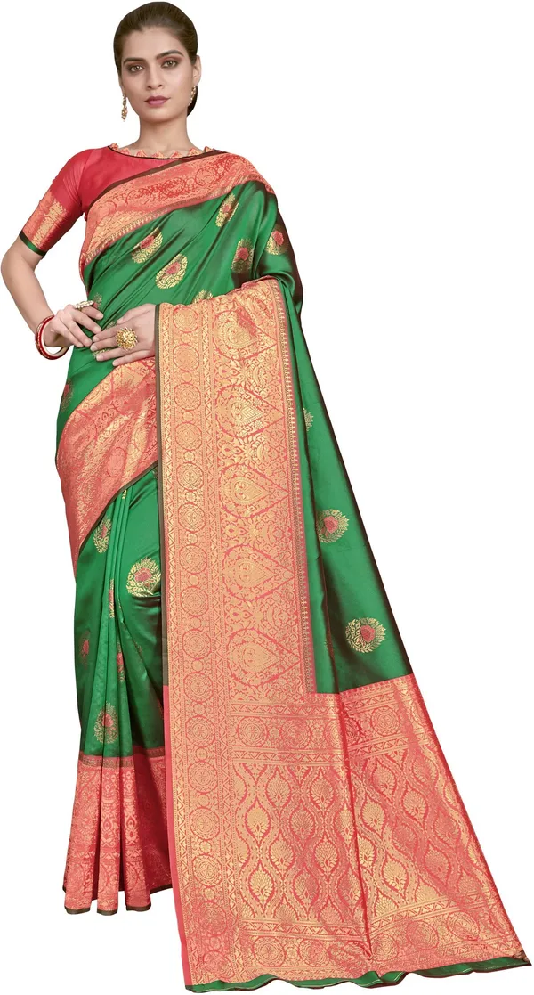 Green_Banarasi_Silk_Blend_Jacquard_Woven_Saree_For_Women_|_With_Blouse_Piece