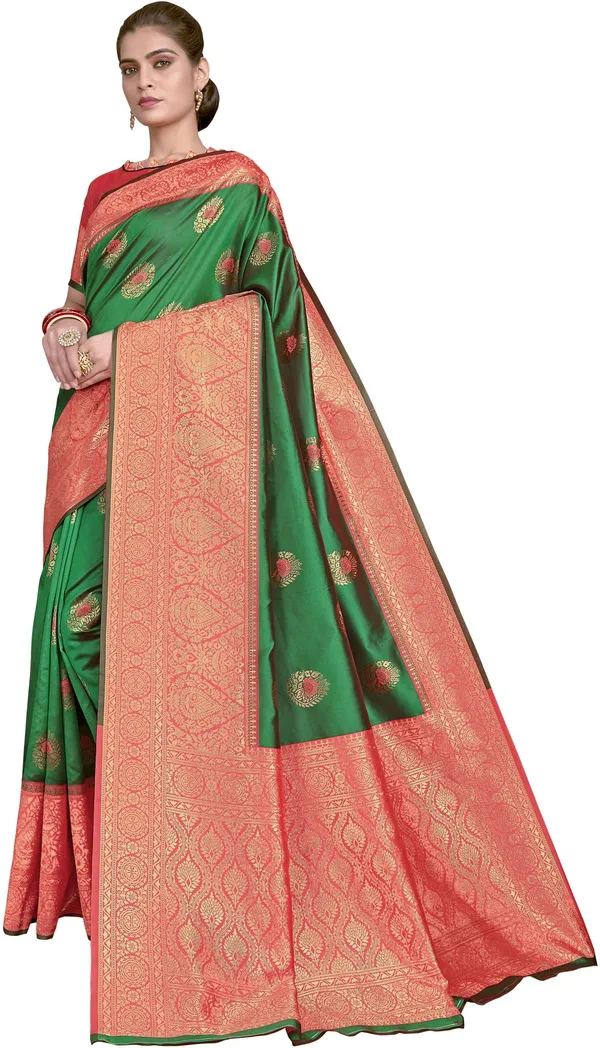 Green_Banarasi_Silk_Blend_Jacquard_Woven_Saree_For_Women_|_With_Blouse_Piece