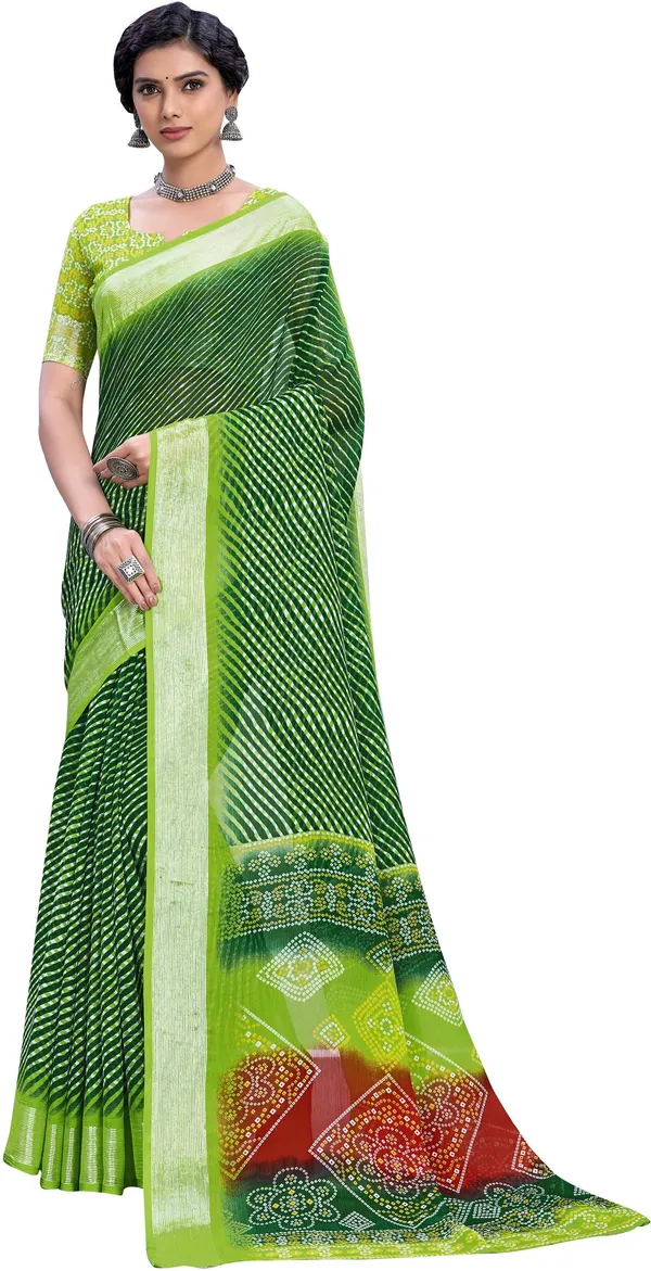 Green_Georgette_Printed_Leheriya_Saree_For_Women_|_With_Blouse_Piece